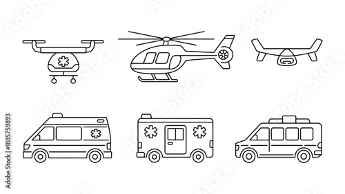 Emergency Medical Services: A collection of various vehicles and aerial devices with emergency medical service symbols.