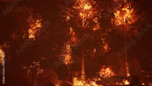 Fotografie Forested land is engulfed in intense flames, illuminating the night sky with bright orange hues