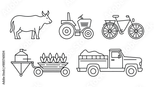 Farming Essentials: An illustrated composition of farming elements, highlighting tools and livestock, all rendered in simple line art, providing a sense of rustic charm and rural life.