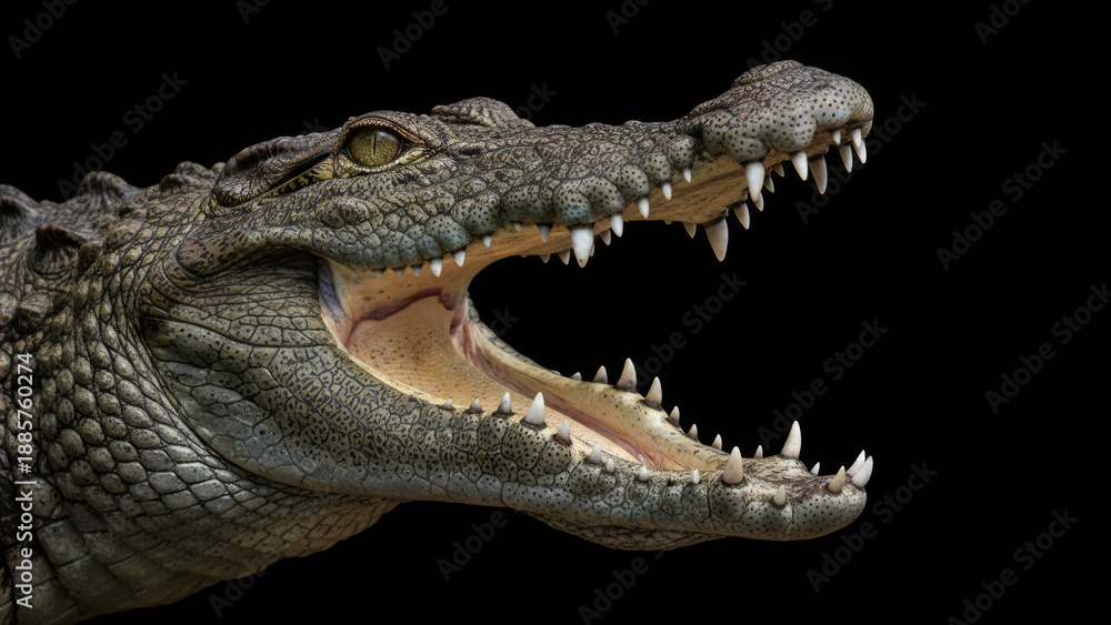 Fototapeta premium Close-Up Crocodile Head With Open Jaw And Sharp Teeth, Fierce Predator Portrait