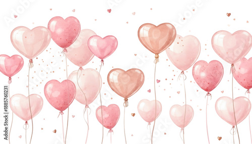 Watercolor pink hearts and balloons floating upwards a beautiful design element on transparent background