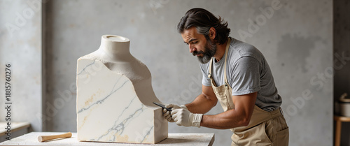 Sculptor shaping marble statue in workshop with natural light  