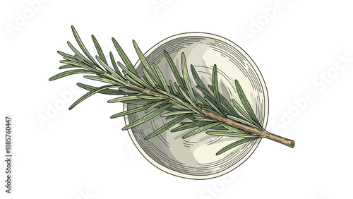 Top down view of a fresh rosemary sprig placed on a white ceramic plate isolated on a plain background for culinary and herb concepts.