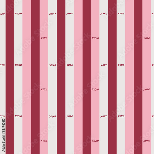 Valentine Seamless Vertical Stripes Pattern with XOXO Text, Modern Romantic Vector Design
