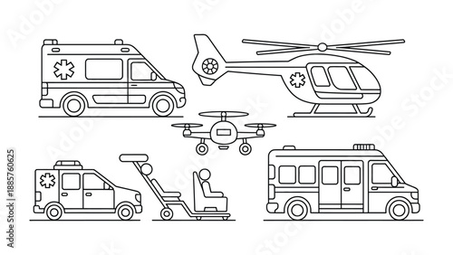 Medical transport vehicles set: Illustrating the range of medical transport vehicles. Shows ambulance, helicopter.