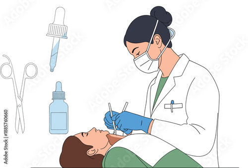 Professional cosmetologist performing facial skincare treatment using medical tools, beauty clinic procedure, and aesthetic care routine in flat vector style