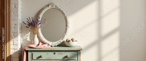 Vintage mirror on boho dresser with flowers and soft lighting  