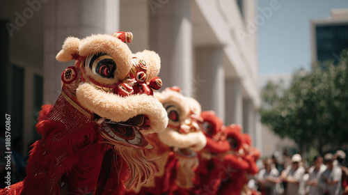 Dragon Dance and Lion Dance Festival, Powerful Lion Dance Performance During Dragon Dance Festival In Modern Urban City Environment