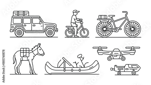Travel Essentials and Modes of Transportation: An illustration showing various modes of transportation and travel essentials, a thematic representation of journeys and exploration.