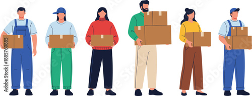 Warehouse workers and delivery staff illustration set showing people carrying boxes, logistics teamwork, and moving services in flat vector style