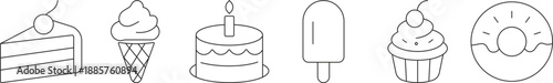Minimalist thin line dessert and bakery icon set featuring cake slice, ice cream, birthday cake, popsicle, cupcake and donut. Clean outline style, editable stroke, white background vector.