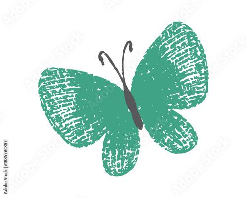 Green butterfly doodle with textured wings. Rough hand drawn wax crayon insect vector for kids education and nursery decoration