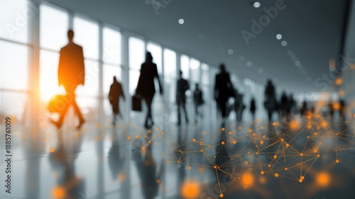Digital network overlays blurred people moving through a modern, sunlit interior