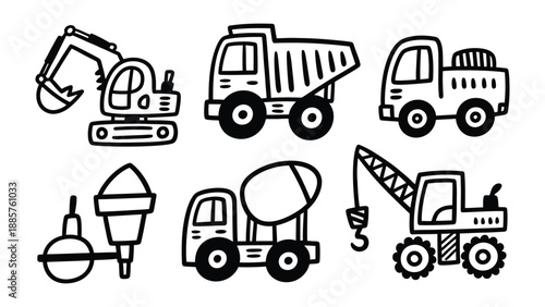 Construction Equipment Collection: A delightful array of construction equipment is showcased in this monochrome illustration, perfect for projects. From excavators to cement mixers.