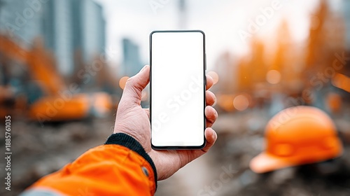 Worker's hand holds blank smartphone at a sunny construction site with heavy machinery