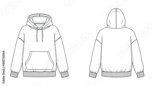 Flat vector line drawing of a plain oversized hoodie with front and back views for clothing production and fashion design templates.