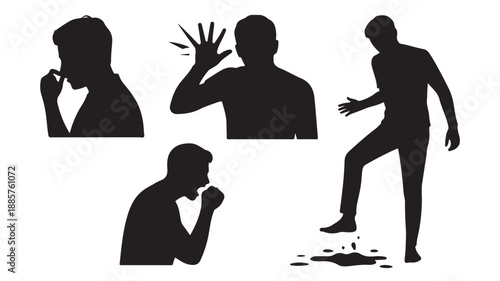 Black Silhouettes of Men Experiencing Emotions on White Background