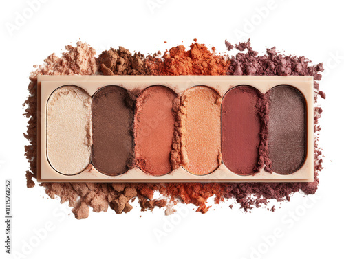 A top-down view of an eye shadow palette featuring various neutral and warm tones. Isolated Transparent Background, PNG