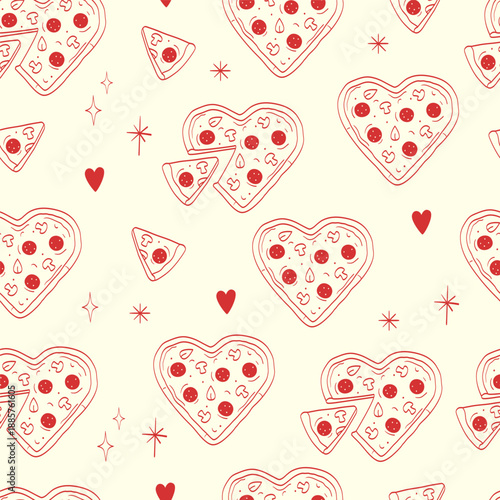 Heart shaped pizza doodle. Valentines day seamless pattern. Pizza heart slice.