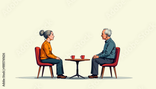 Elderly couple sitting and talking with coffee on modern chairs  