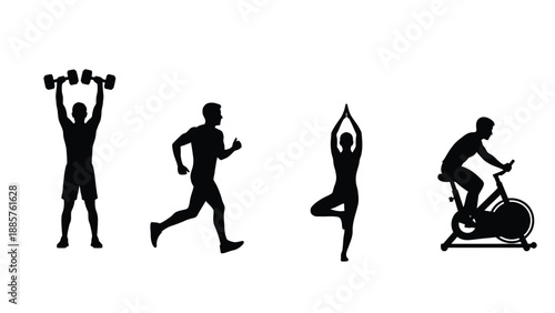 Four figures depict different exercises in a black silhouette