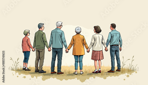 Family holding hands together in a circle outdoors in summer  