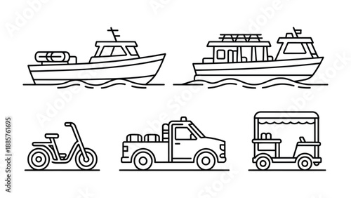 Fleet of Maritime and Land Vehicles: A collection of various vehicles, comprising a boat, fishing boat, scooter, pickup, and food cart, is depicted in a minimalistic outline.