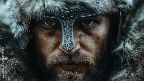 Extreme close-up of a serious viking warrior with a beard, fur hood, and ornate helmet