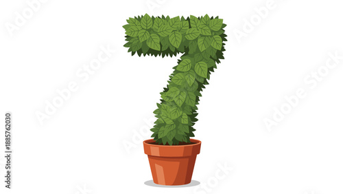 Green topiary bush carefully trimmed into the shape of the number seven and planted in a brown terracotta pot for garden decoration.