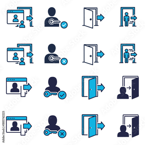 Set of user login and access icons account access, key authentication, door entry, and exit symbols in blue and black outline style
