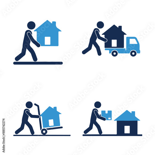 Set of four icons representing moving house, people carrying boxes and houses, loading a moving truck, and using a dolly for relocation services and logistics concepts in blue silhouette style