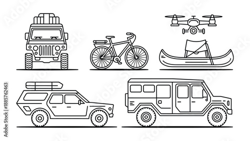 Adventurous Journey Elements: Exploring various modes of transportation essential for travel, featuring a car, bicycle, drone, and boat against a minimalistic backdrop.