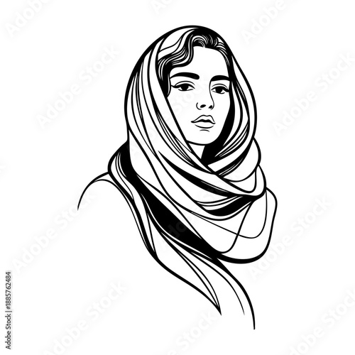 Dibujo sencillo con líneas de la cabeza de una mujer musulmana con un pañuelo tapando el cabello