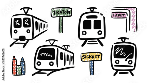 Sketchy Train Travel: Hand-drawn illustrations of trains and related elements, evoking a sense of travel and transportation.