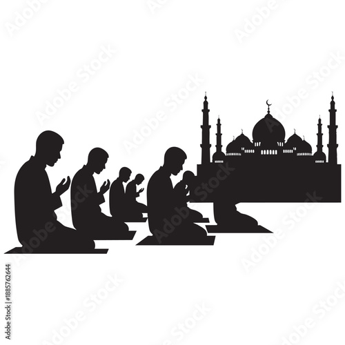 Muslim Men Praying in Mosque Silhouette - Islamic Prayer Vector Illustration