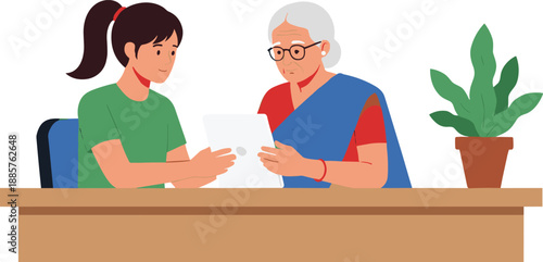 Young woman teaching elderly grandmother using tablet, digital literacy, technology learning, and family support scene in modern flat vector style