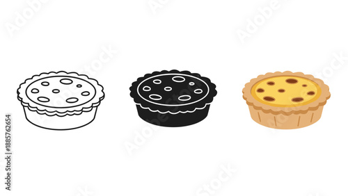 Three cartoon tart illustrations in different styles and colors on white background with varying