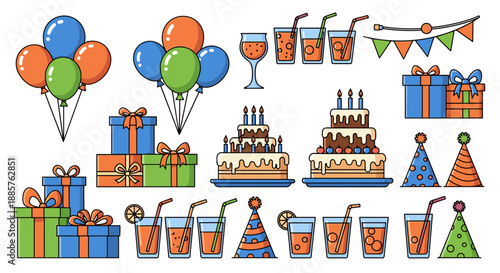 Assorted Birthday Party Elements Set Including Balloons, Cakes, Gifts, Drinks, and Hats