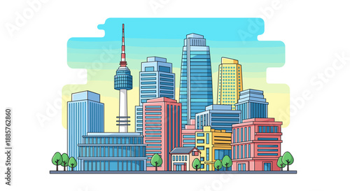 Modern Pixel Art Cityscape with Skyscrapers and Observation Tower, Urban Skyline