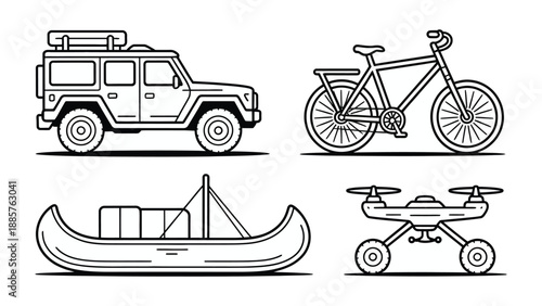 Diverse Transportation: Four distinct modes of transportation are illustrated, each representing a unique way to traverse land, air, and water