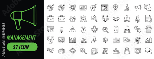 A set of 51 management icons in line style for business and organization