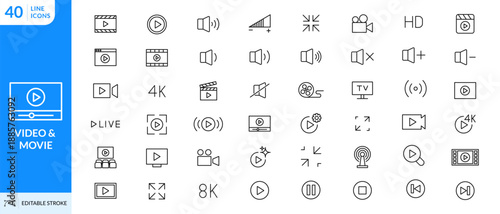 Video icon set. Containing camera, play, pause, volume, media, player, online video, live, broadcast, movie, cinema, fullscreen, windowed. Editable stroke