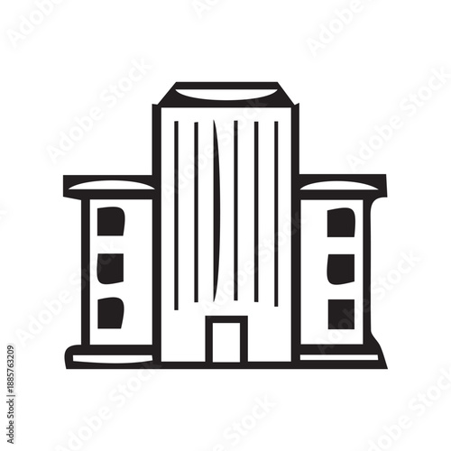 A black line drawing of a building with two smaller towers on either side of a taller central tower