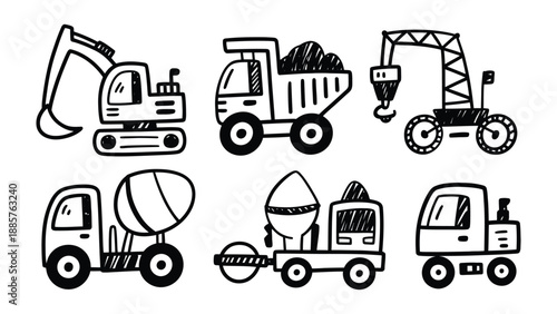 Construction Vehicles Sketch: A charming sketch of six construction vehicles, including excavator, dump truck, crane, concrete mixer, concrete truck and truck.