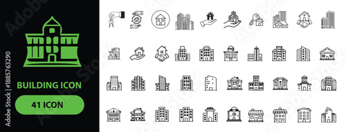 Collection of various building icons in black and white