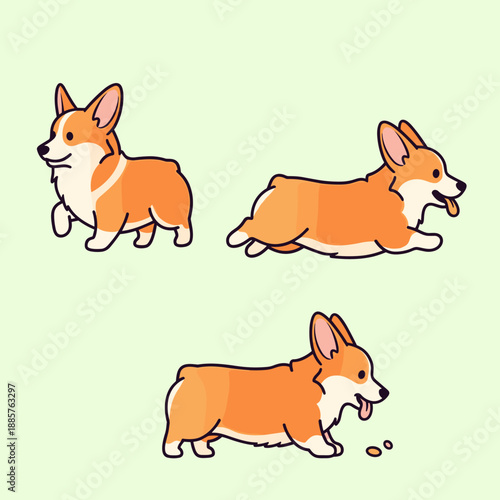 Collection of Cute Corgi Puppy Poses on Pastel Green Background