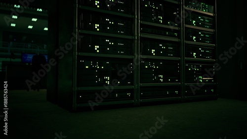 Dimly lit server room filled with rows of machinery displaying green lights, indicating data processing. Shadows loom in the background, adding a mysterious atmosphere to the scene.
