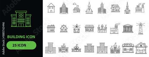 Collection of various building icons in different styles and shapes