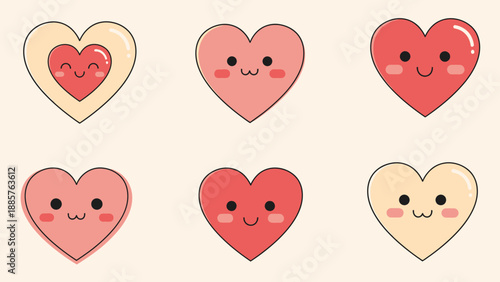 Set of Adorable Pink and Yellow Heart Shaped Emoticons with Diverse Happy and Shy Faces in a Bright Studio.