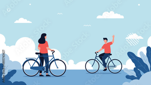 Young man and woman riding bicycles and waving on a sunny day in a park with clouds and decorative plants for healthy leisure time.